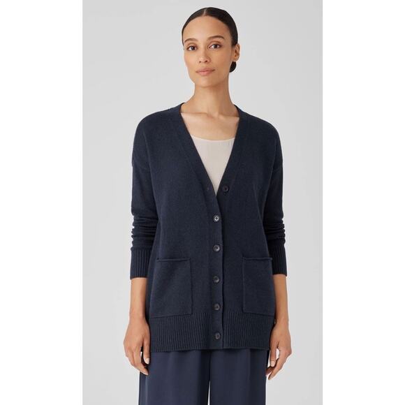 Eileen Fisher Navy Blue M Cotton & Recycled Cashmere V Neck Cardigan #78121 NWT - Picture 1 of 14